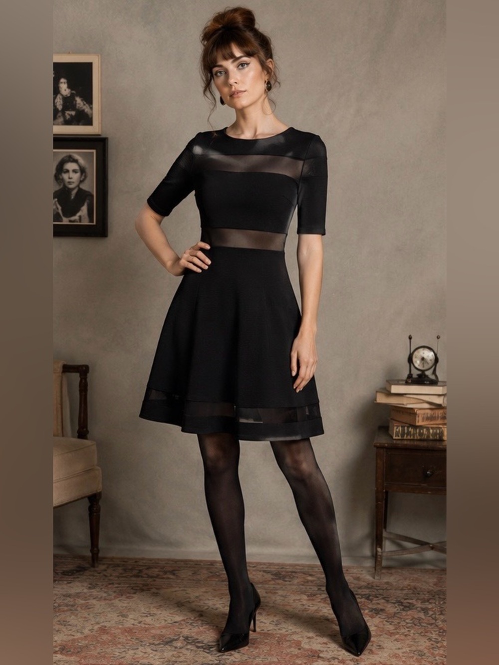 The Vintage Shop Black Sheer Illusion Fit & Flare Skater Dress Retro Cocktail